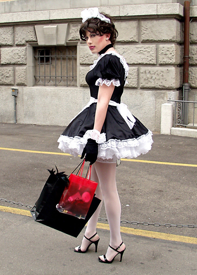 Brunette French Maid wearing White Opaque Stockings and Black Sandal High Heels